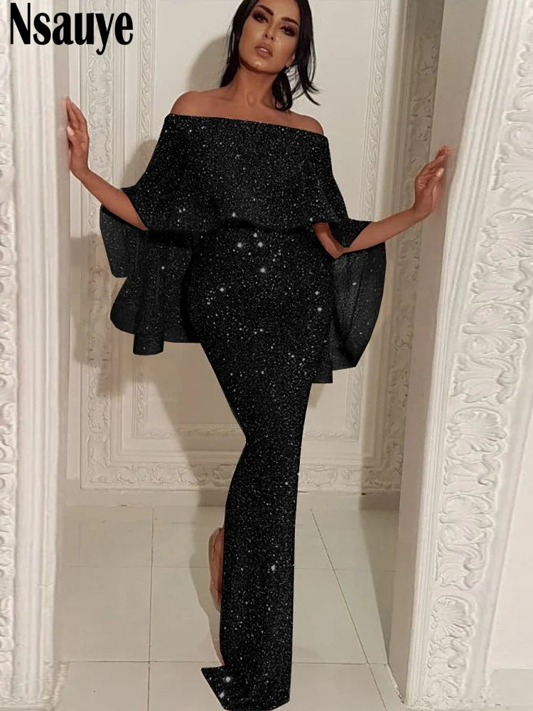 Nsauye 2022 Bling Glitter Elegant Party Evening Maxi Dress Y2K Bodycon Sexy Women Summer Off Shoulder Ruffles Solid Long Dresses
