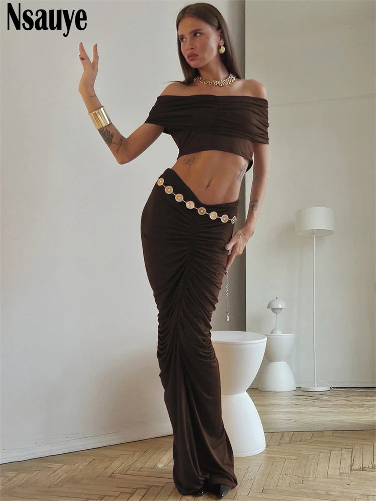 Nsauye Women Sexy Clothes Outfits Night Club Off Shoulder Ctop Tops Long Ruched Elegant Party Low Waisted Skirt Two Piece Set