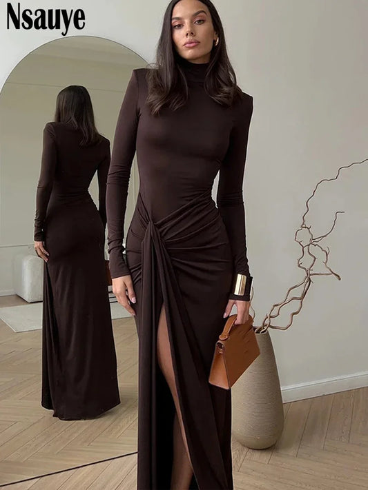 Nsauye 2024 New Autumn Women Winter Sexy Elegant Party Evening Night Club Dress Holiday High Split Long Sleeve Dress Vestidos