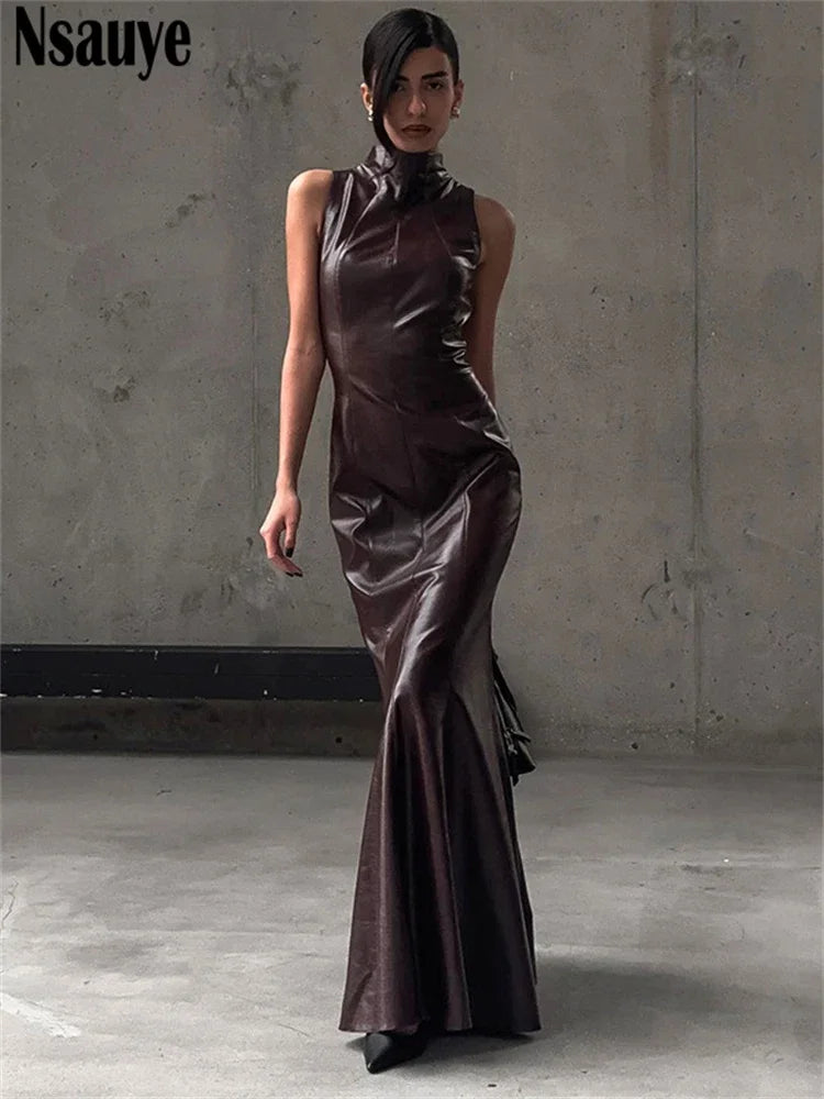 Nsauye Elegant Party Dress Women Sexy Off Shoulder New Long Wrap Evening Night Club Fashion Sleeveless Leather Dress 2024 Winter