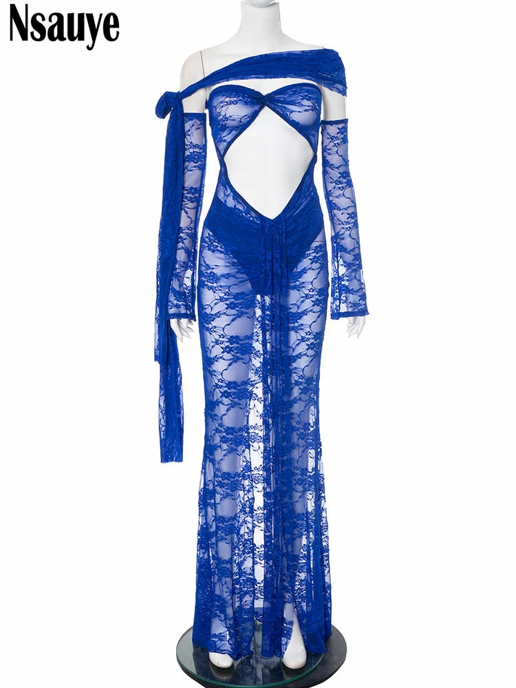 Nsauye Women New Elegant Sexy Party Evening Mesh Hollow Out Fashion Dress Night Club Halter Summer Long Sleeve Dress Long 2025