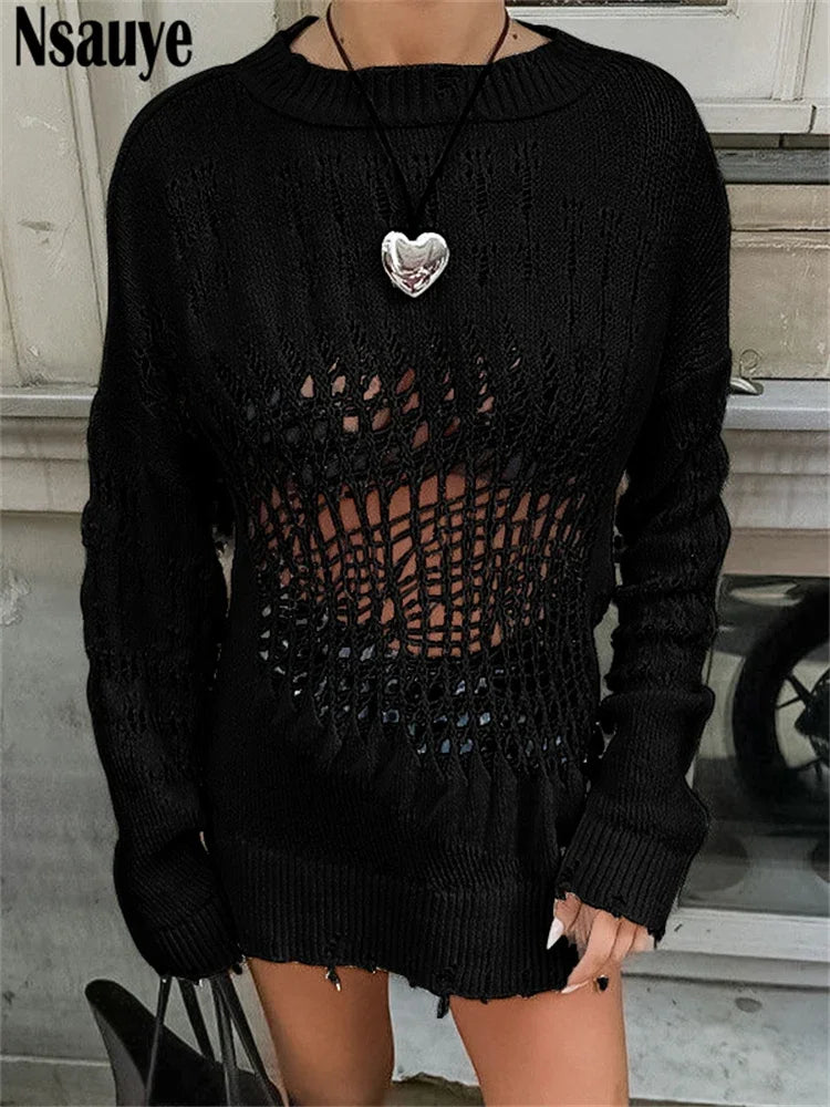 Nsauye Pullover Sexy Long Sleeve Women Night Club Knitted Fashion Y2K Party Evening Dress 2024 White Winter Casual Holiday Dress