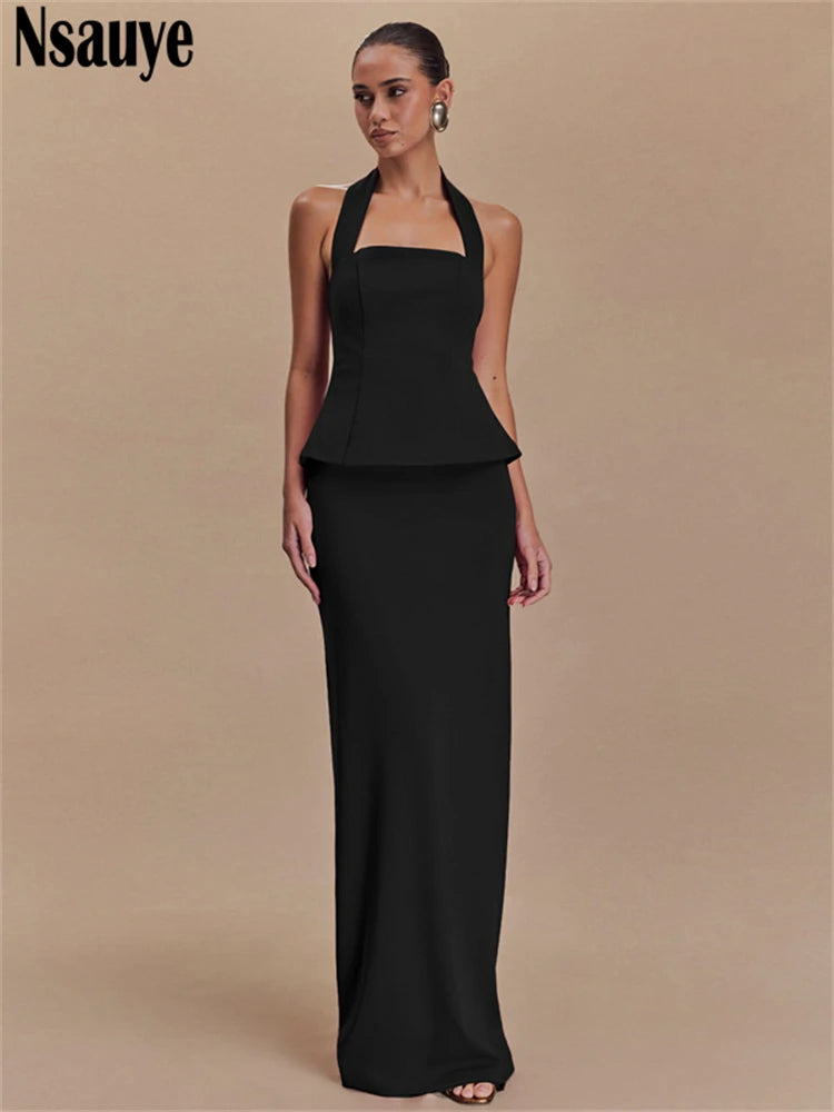 Nsauye 2025 New Fashion Women Elegant Sexy Skirt Two Piece Set Halter Crop Tops Night Club Evening Party Long Wrap Set Outfits