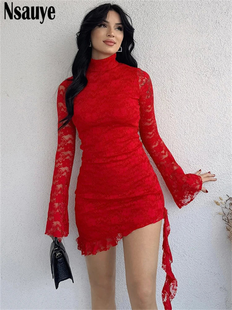 Nsauye Turtleneck Long Sleeve Lace Mini Bodycon Dresses Tassels Evening Party Birthday Short Dress Vestidos Women Summer 2025