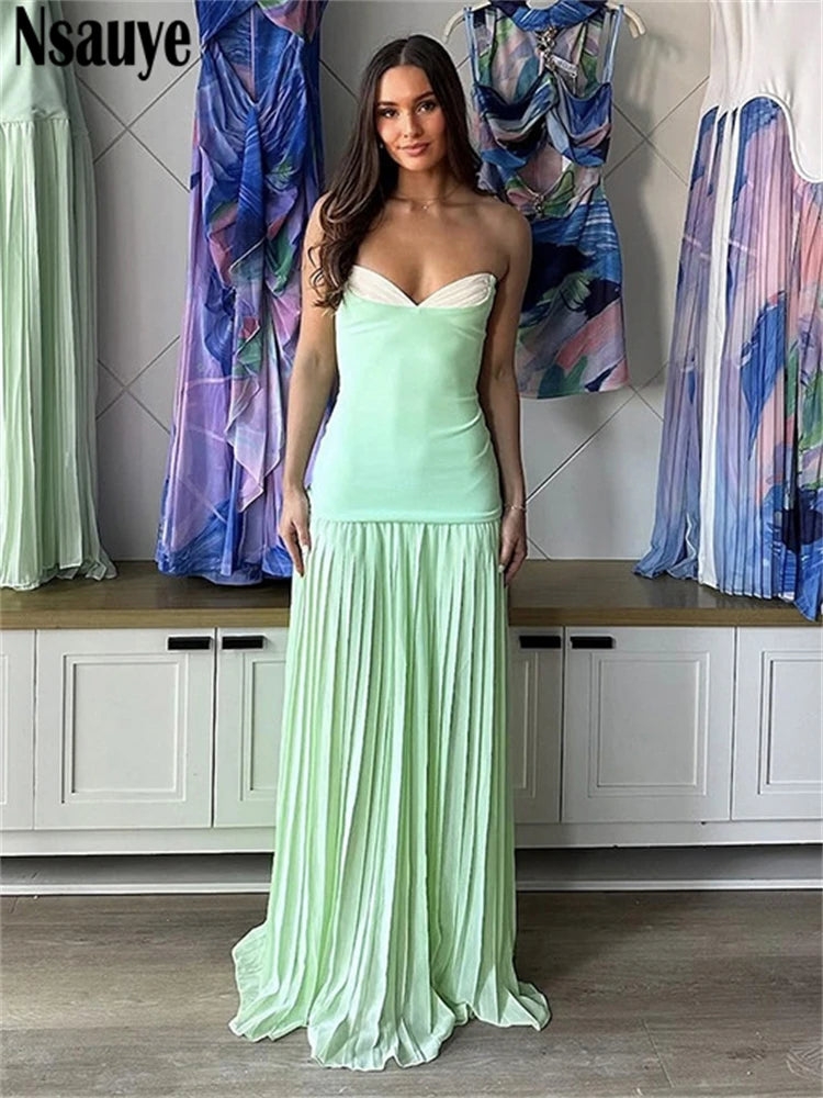 Nsauye Sexy Women Strapless Fashion Elegant Corset Pleated Dress Long Evening Party Ladies Maxi Night Club Dress Summer 2025