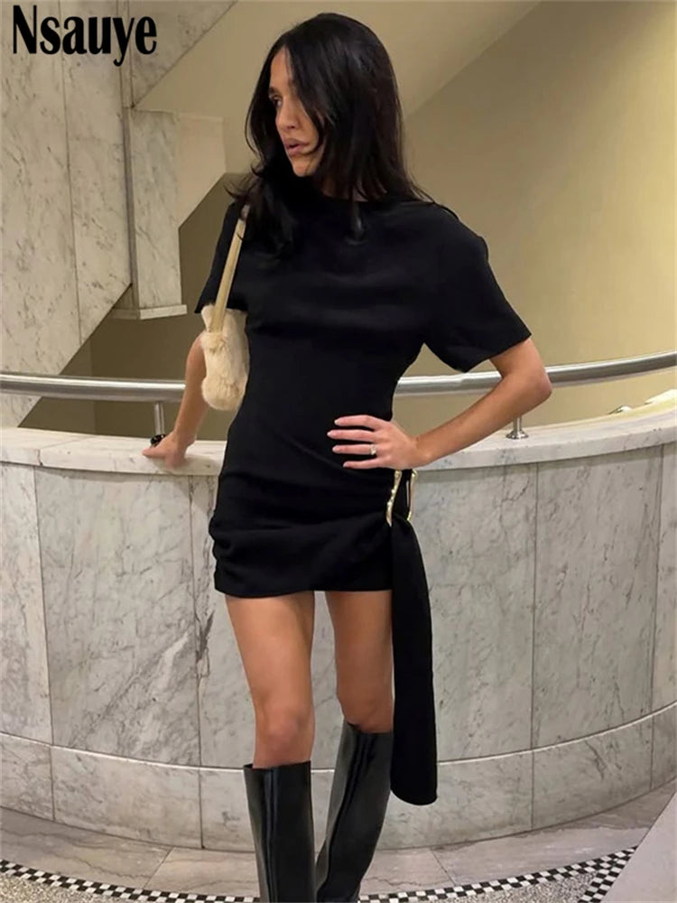 Nsauye Short Sleeve Women Casual Basic Black Mini Summer T Shirt Dress 2025 Sexy O Neck Wrap Mini Party Fashion Night Club Dress