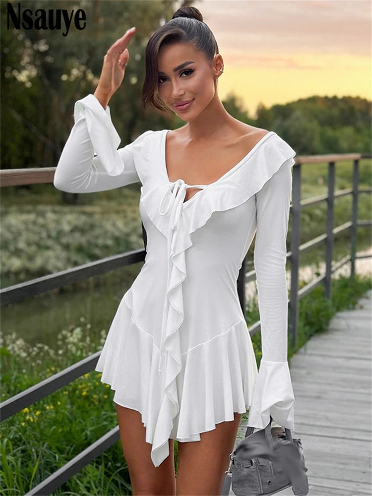Nsauye 2024 Long Sleeve Ruffles Women Casual Holiday Mini Wrap Dress Sexy Evening Fashion Elegant Party Night Club Dress Autumn