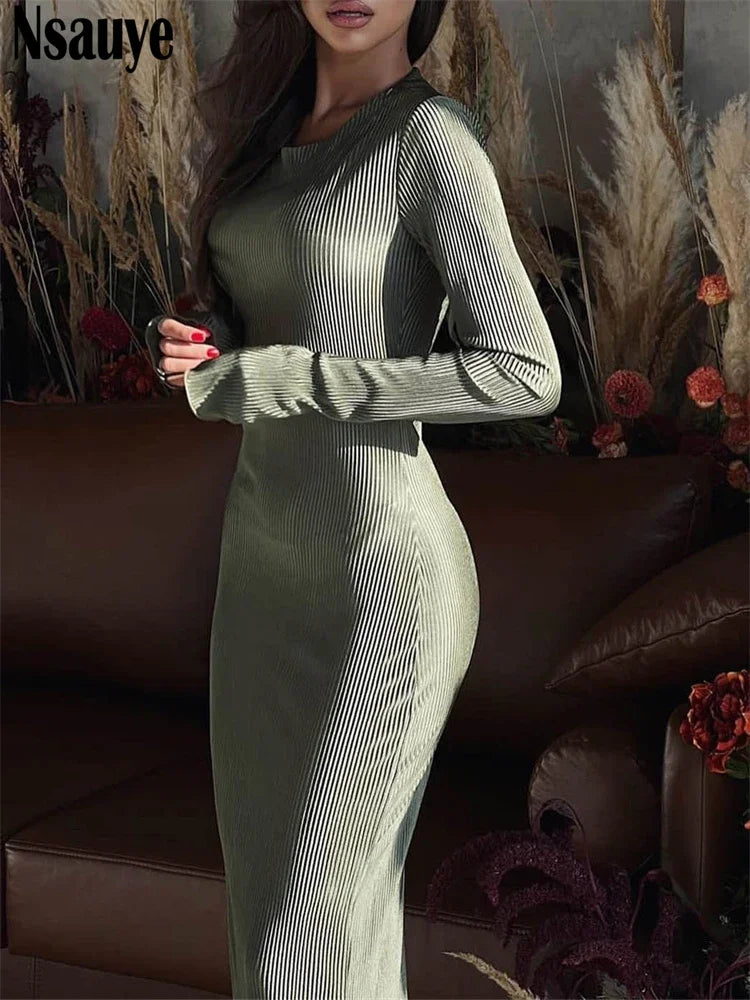 Nsauye Fashion Chic Casual Long Sleeve Wrap Pleated Winter Dress Women 2023 Outfits Basic Sexy Evening Holiday Party Club Dress