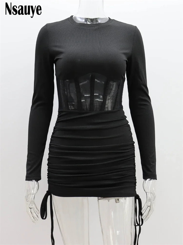 Nsauye See Through Mesh Women Chic Fashion Summer Long Sleeve Ribber Knitted Y2K Mini Dress Sexy Party Club Casual Dress 2023