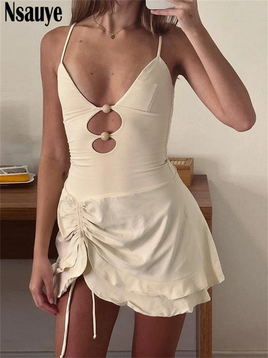 Nsauye Women Summer Beach Casual Sexy Hollow Out Low Cut Out Fashion Dress Sexy Party Evening Night Club High Waisted Dress 2025