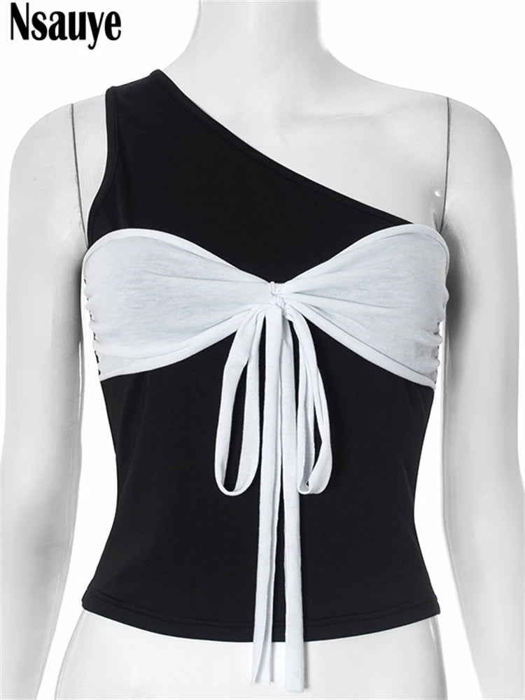 Nsauye One Shoulder Sleeveless Bow Fashion Crop Top Sexy Club Sexy Women Y2K Clothes 2025 Backless Tank Tops Female Streetwear