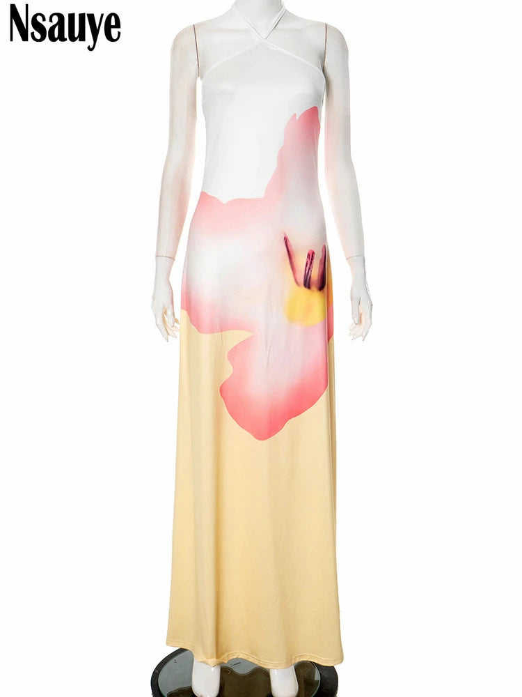 Nsauye 2025 Summer Halter Backless Women Clothes Elegant A-Line Skinny Floral Casual Holiday Party Sexy Club Evening Dresses