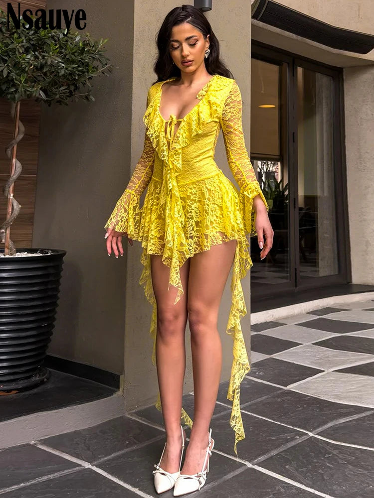 Nsauye Fashion Elegant Ruffles Long Sleeve Short Dress Women Summer See Through Sexy Night Club Evening Party Low Cut Out Dress