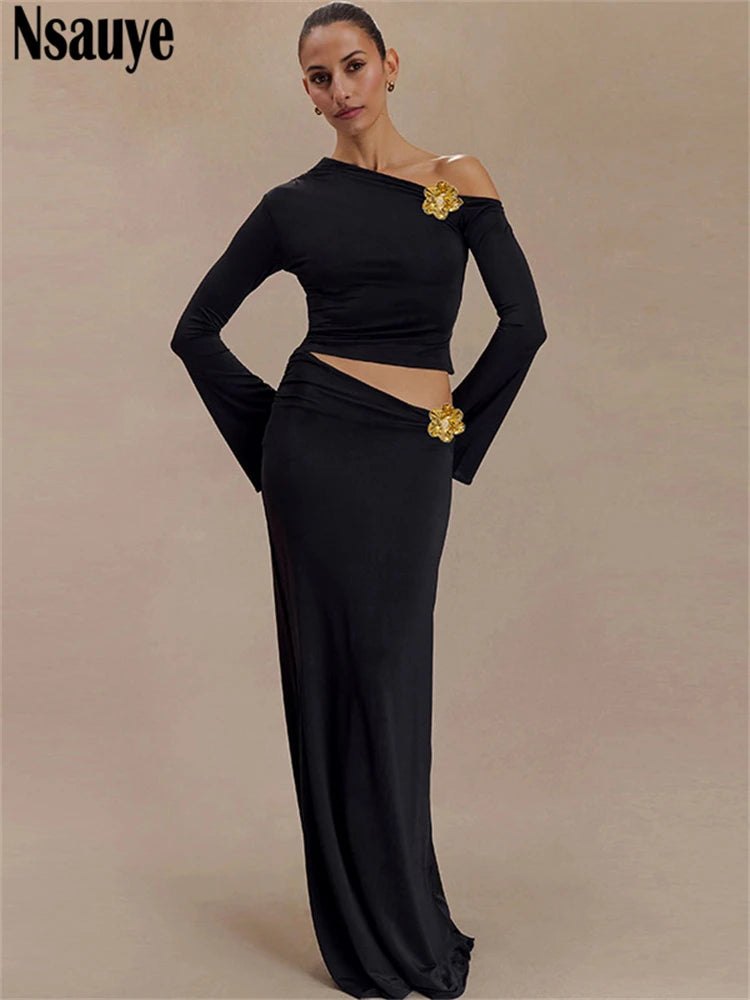 Nsauye Women Elegant Party Sexy Dress Skirt Fashion New In Matching Two Piece Set Long Sleeve Top High Waist Skirt Club Set 2024