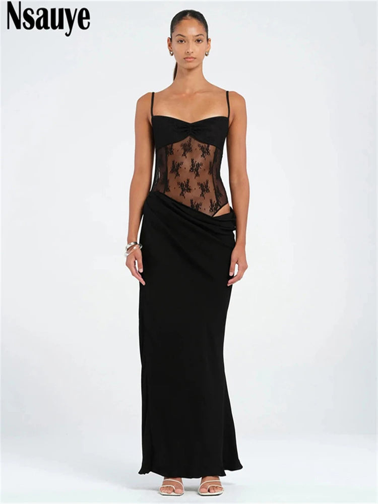 Nsauye Spaghetti Strap Lace Sexy Patchwork Long Slim Dress 2025 Summer Fashion Elegant Evening Club Party Maxi Dresses Women