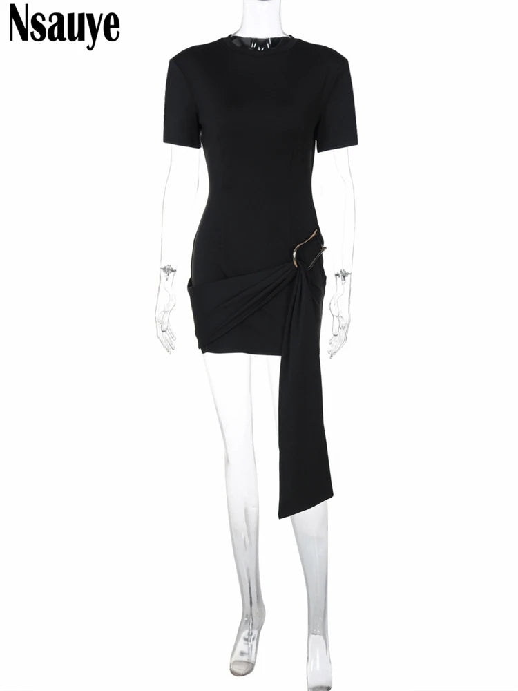 Nsauye Short Sleeve Women Casual Basic Black Mini Summer T Shirt Dress 2025 Sexy O Neck Wrap Mini Party Fashion Night Club Dress