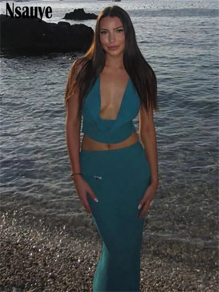 Nsauye Fashion Women 2 Piece Matching Set 2025 New Sleeveless Vest Top+High Waist Elegant Long Skirts Holiday Suits Outfits
