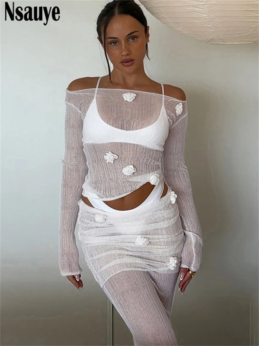 Nsauye 2025 Summer Fashion Women Sexy Club Ribber Knitted Crop Tops Long Low Waisted Skirt Sexy New In Matching Two Piece Set