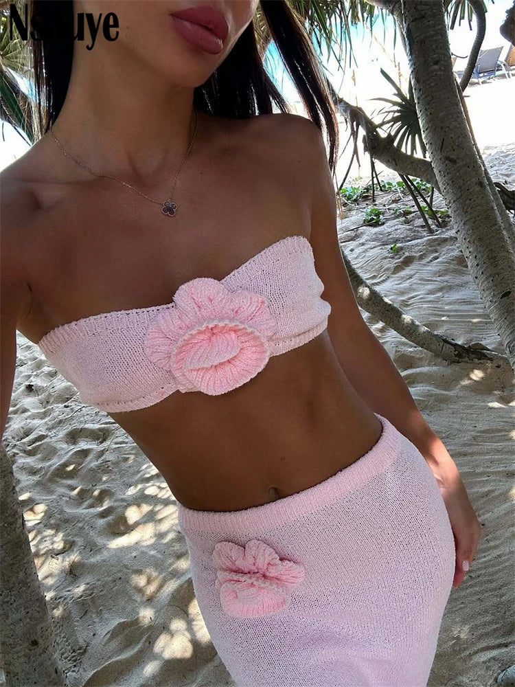 Nsauye 2025 Summer Beach Bohemian Knitted Skinny Women Bikini Crop Tops Flowers Wrap Long Skirt Sexy Party Fashion Two Piece Set