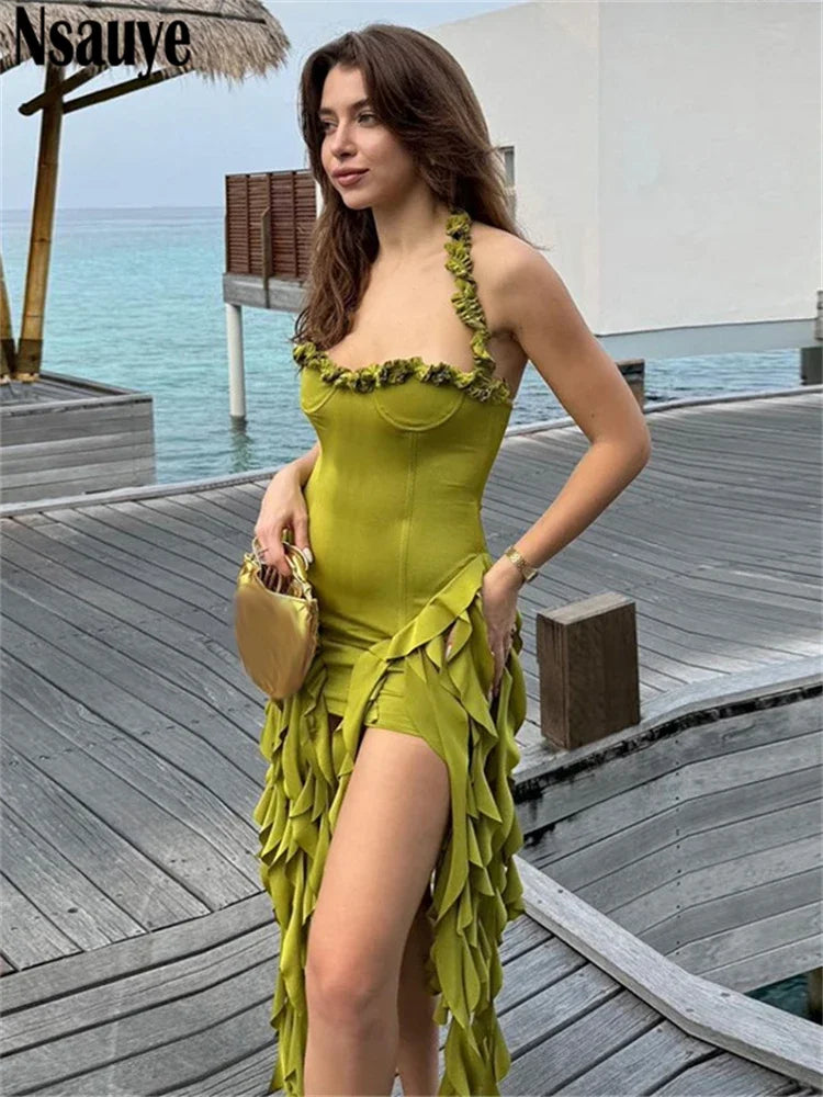 Nsauye Sexy Off Shoulder Mini Bodycon Y2K Tassels Ruffles Party Dress Club Summer Chic Evening Fashion Women Elegant Dress 2024