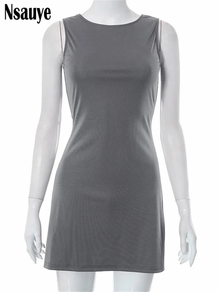 Nsauye Solid Women Fashion Casual Slim Mini Dress Sleeveless O Neck Streetwear Dresses Club Party Elegant Vestidos Summer 2024