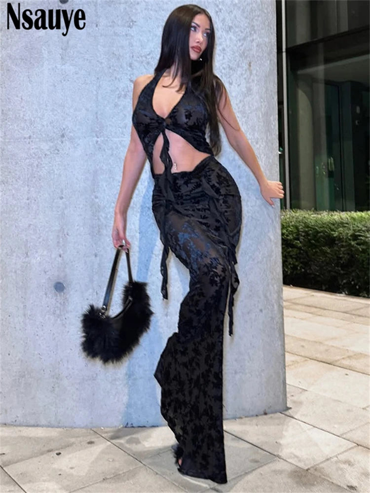 Nsauye Sexy Women Halter Club Mini Summer Crop Tops Party Evening Fashion Low Waisted Skirt Dress New In Matching Two Piece Set