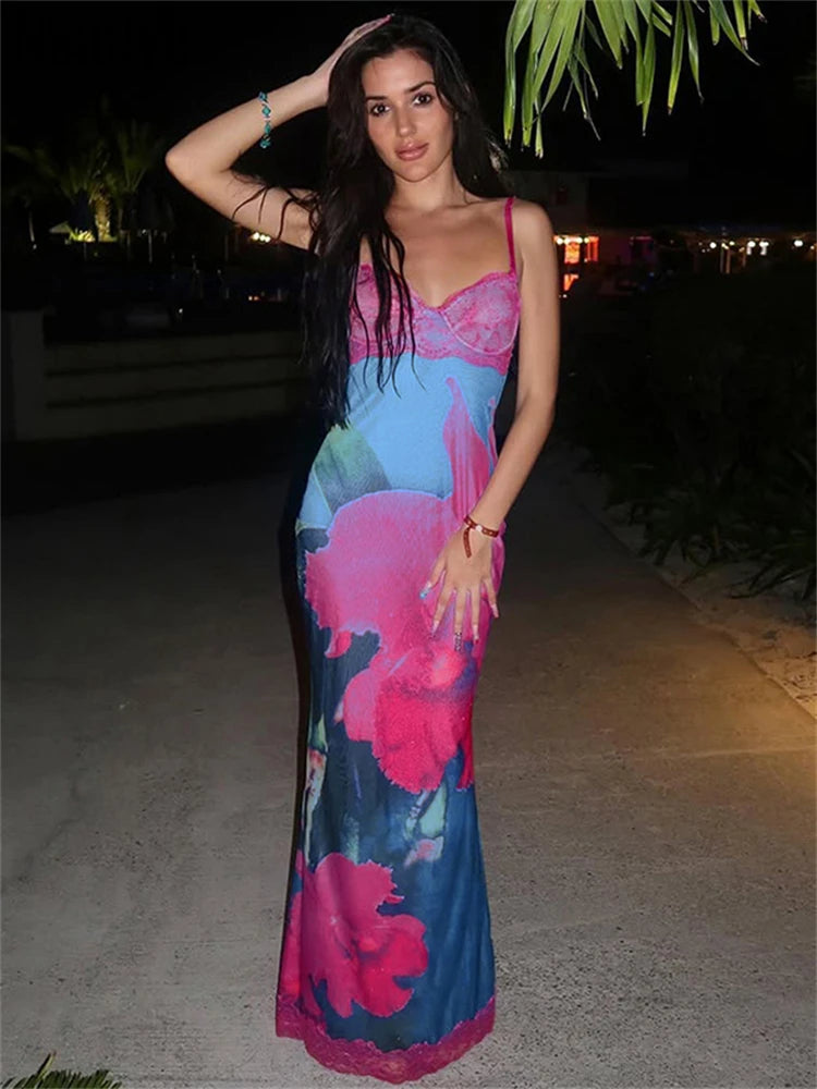 Nsauye Elegant Lace Patchwork Women Sexy Flowers Print Fashion Bodycon Party Dress 2025 Summer Clothes Evening Night Club Dress