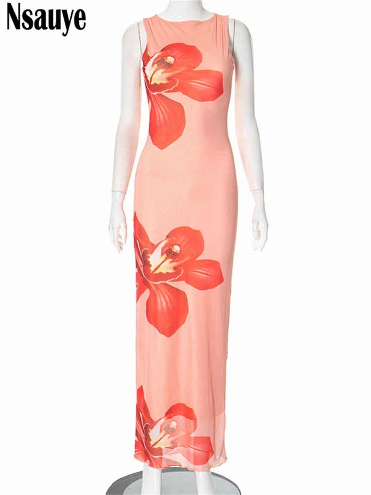 Nsauye 2025 Summer Beach Mesh Elegant Floral Print Long Dress Women Sleeveless Casual Sexy Fashion Club Evening Party Maxi Dress
