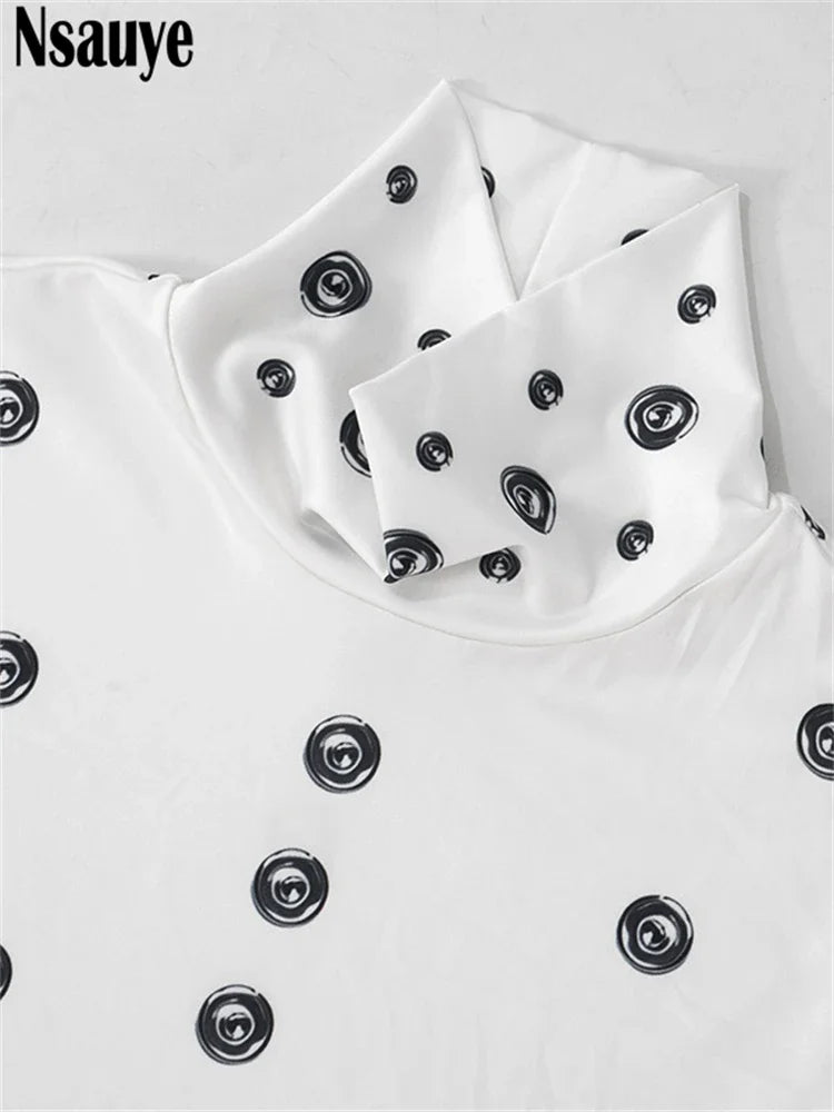 Nsauye Women Clothing Outfits 2024 Winter Elegant Long Sleeve Turtleneck Sexy Fashion Club Party Polka Dot Print Casual Dresses