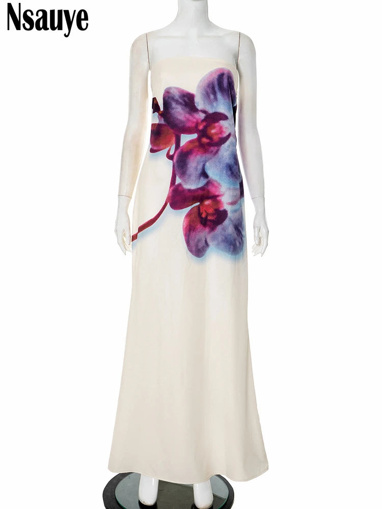 Nsauye Women Summer New Fashion Night Club Party Elegant Evning Vintage 2025 Pullover Long Strapless Wrap Floral Print Dresses