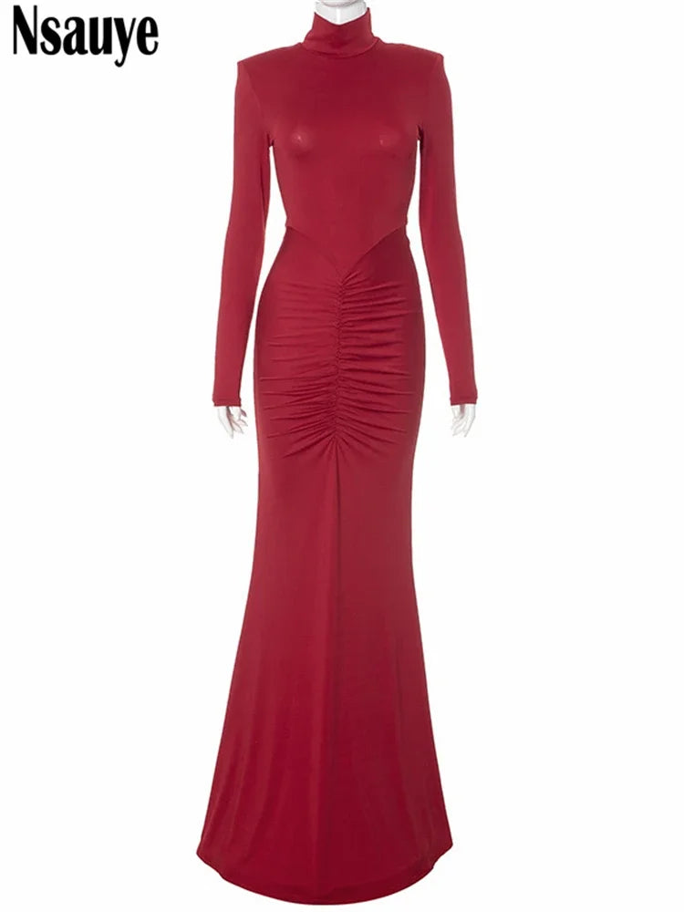 Nsauye Fashion Elegant Party Evening Vestidos Sexy Dress Night Club High Waisted Long Sleeve Turtleneck Ruched Red Dress Women