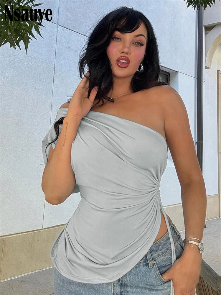Nsauye Women Irregular Drawstring Corset Crop Top Streetwear Fashion Sexy Y2K Skinny Sleeveless One Shoulder Tank Tops 2025
