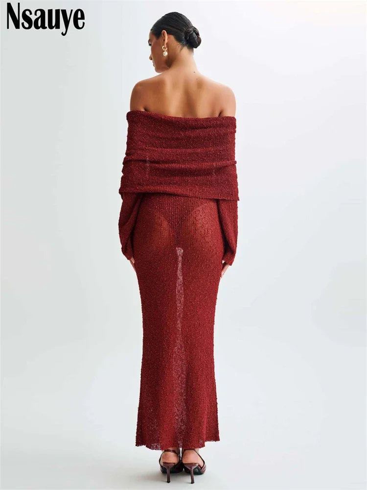 Nsauye Sexy Beach Holiday Women Long Sleeve Summer Maxi Club Dress Fashion Evening Party Knitted Bodycon Elegant Dress 2024