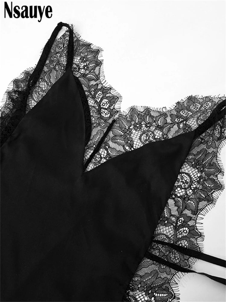 Nsauye Dress For Women Summer Elegant Backless Lace Satin Patchwork Sexy Night Club Evening High Split Party Fashion Dress 2025