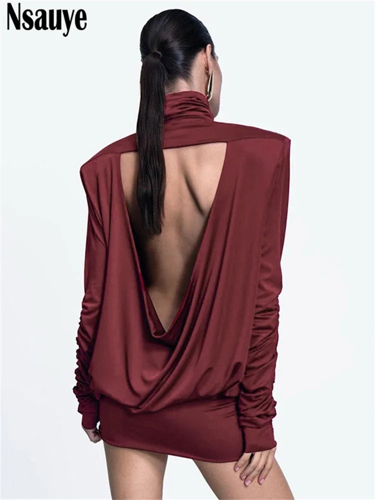 Nsauye Elegant Party Short Dress For Women Fashion Chic Long Sleeve Sexy Mini Backless Turtleneck Holiday Night Club Dress 2024