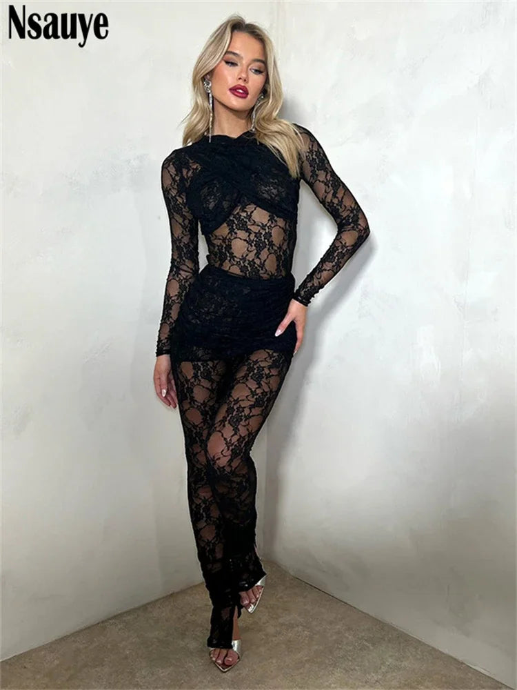 Nsauye Lace Elegant 2 Piece Dress Sets Long Sleeve Jumpsuits Tops And High Waist Mini Skirt Sexy Women Outfits Clubwear 2023