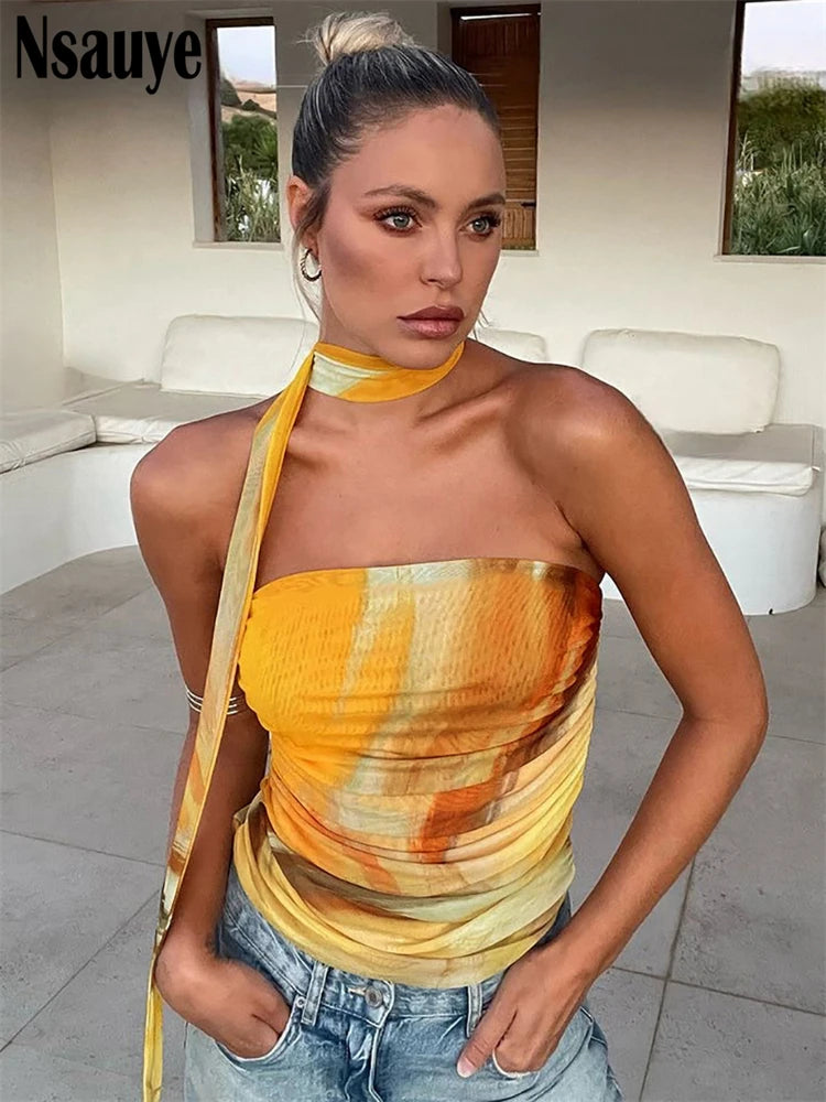 Nsauye 2025 New Sleeveless Halter Tie Dye Print Crop Top Streetwear Summer Women Clothes Y2K Sexy Backless Ruched Tank Tops Club
