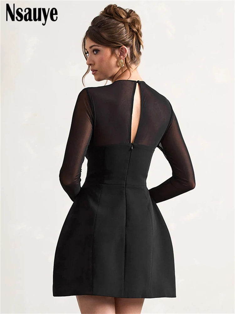 Nsauye Solid Long Sleeve Women Elegant Sexy Slim A-Line Dresses Streetwear Women Fashion Bodycon Mesh Patchwork Club Party Dress