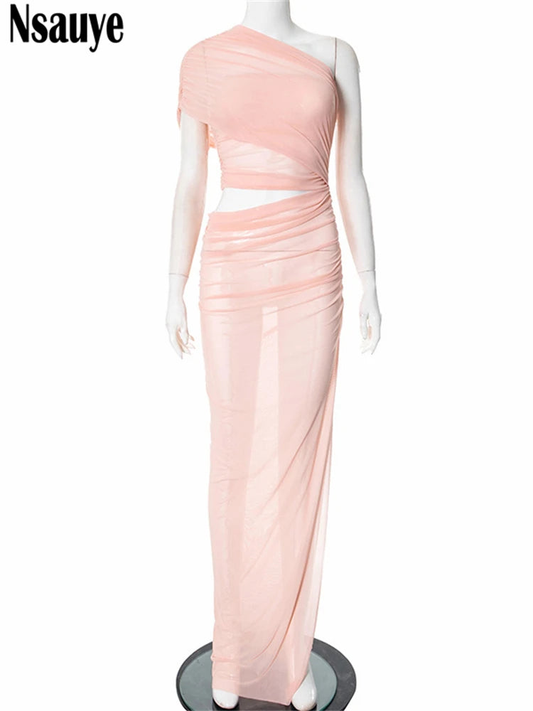 Nsauye Summer Dress Ruched Women Long Sexy Mesh Night Club Evening Party Elegant New Fashion Hollow Out High Waisted 2025 Dress