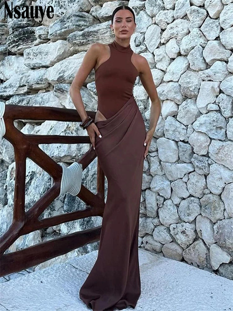 Nsauye Sexy Elegant Night Club Party Evening Dresses Outfits Women New Fashion Long Maxi Satin Off Shoulder Dress Summer 2024