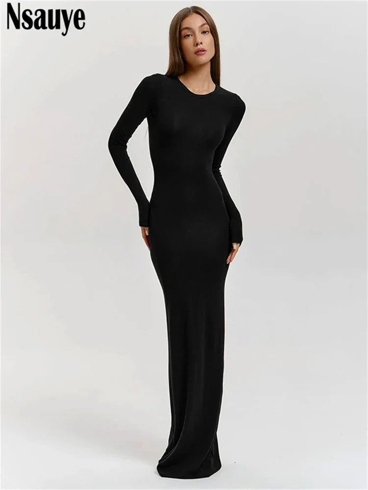 Nsauye Casual Basic Long Dress Women Holiday Autumn Winter Evening Birthday Party Night Club Sexy Elegant Dress Outfits 2024