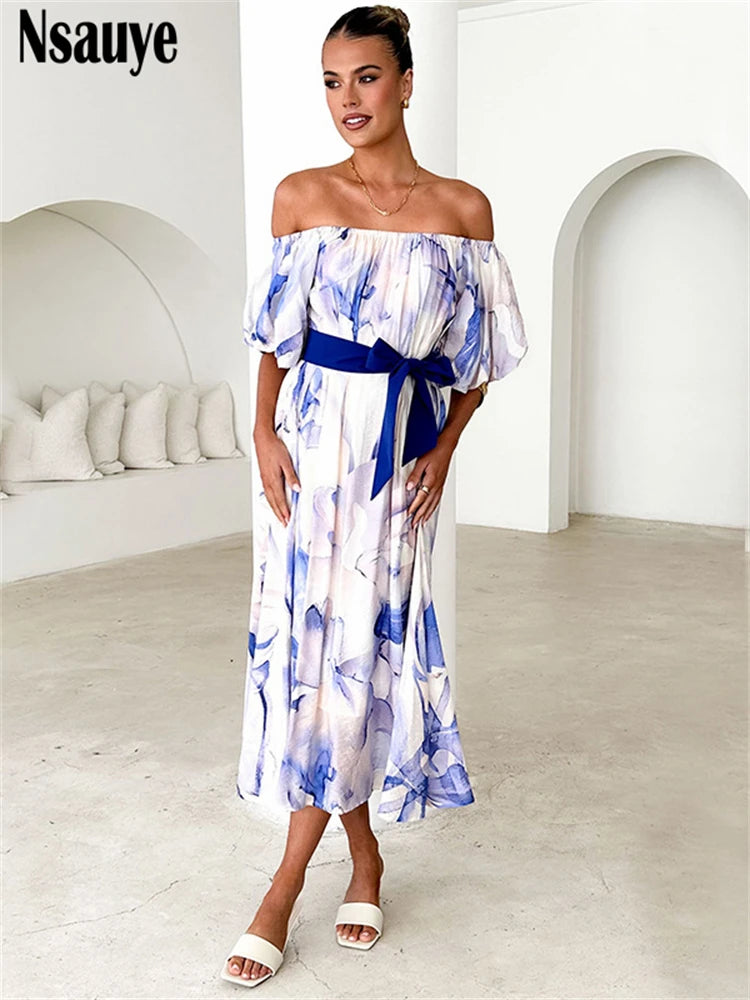 Nsauye 2025 Spring Summer Women Y2K Print Floral Off Shoulder Short Puff Sleeve Long Dresses Club Party Holiday A-Line Dress
