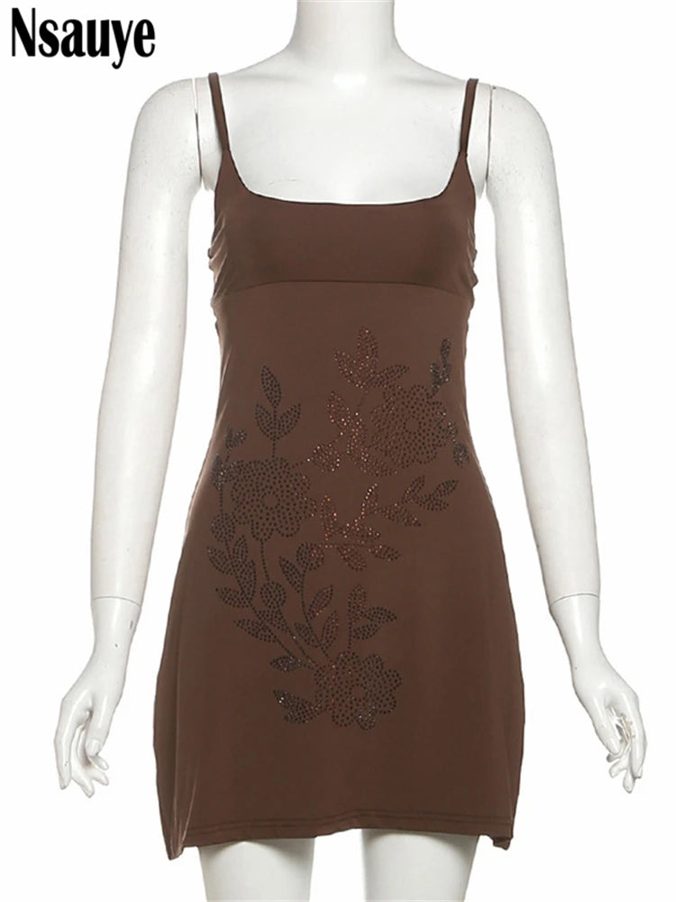 Nsauye Diamonds Print Slim Fit Sleeveless Sling Mini Dress Women Clothing High Street Sexy Vestidos 2025 Summer Party Club Lady