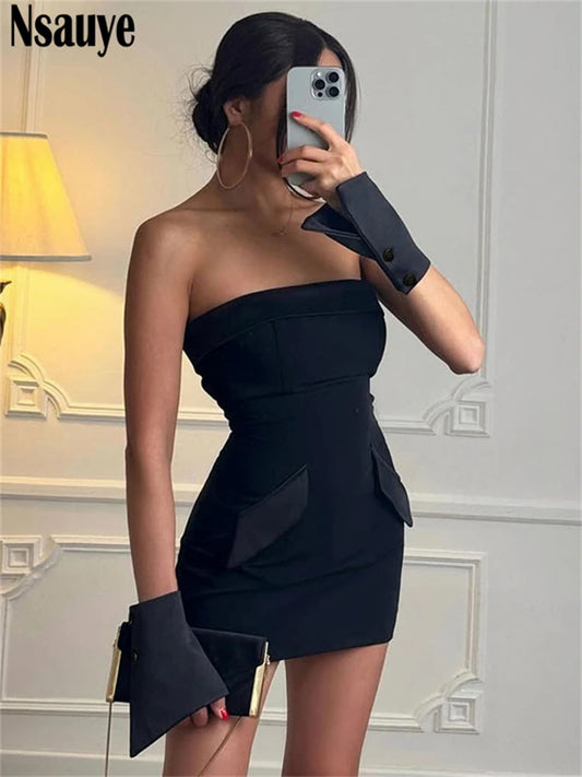 Nsauye Summer Fashion Chic Women Strapless High Waisted Elegant Short Dress Bodycon Sexy Night Club Party Evening Dress 2025