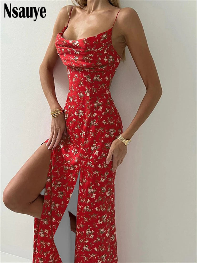Nsauye Women Summer Sexy Floral Print Bodycon Lady Sleeveless Long Backless Dresses Spaghetti Strap Split Vestidos Elegant Party