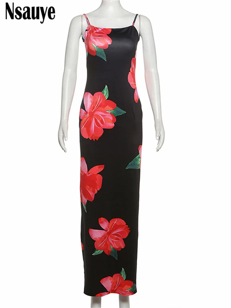 Nsauye 2025 Summer New Backless Sexy Sleeveless Spaghetti Strap Long Bodycon Dress Beach Party Club Floral Print Women Dress