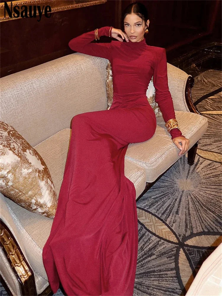 Nsauye Fashion Elegant Party Evening Vestidos Sexy Dress Night Club High Waisted Long Sleeve Turtleneck Ruched Red Dress Women