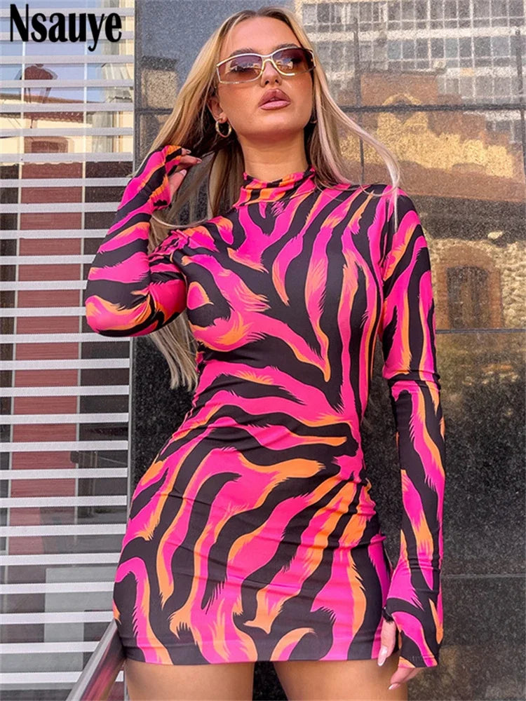 Nsauye Pullover Women Sexy Streetwear Fashion Striped Mini Y2K Bodycon Dress Evening Autumn Night Club Party Short Dress 2024