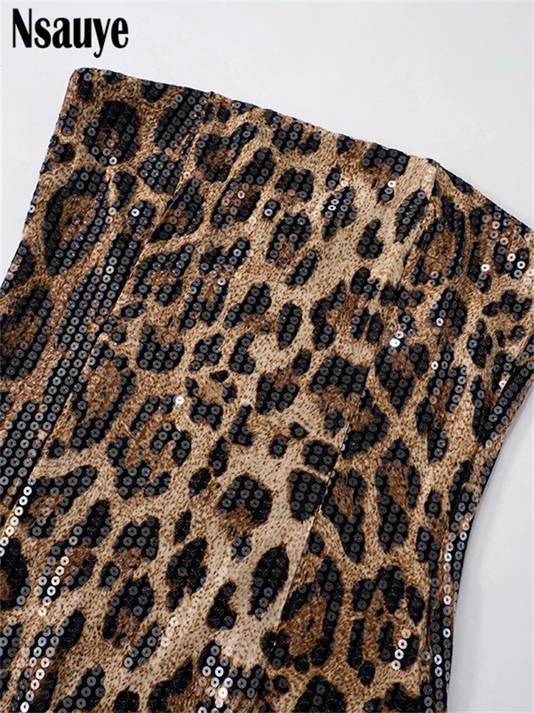 Nsauye 2025 Spring Summer New Women Sleeveless Strapless Sequins Mini Bodycon Dresses Night Club Sexy Leopard Print Party Dress