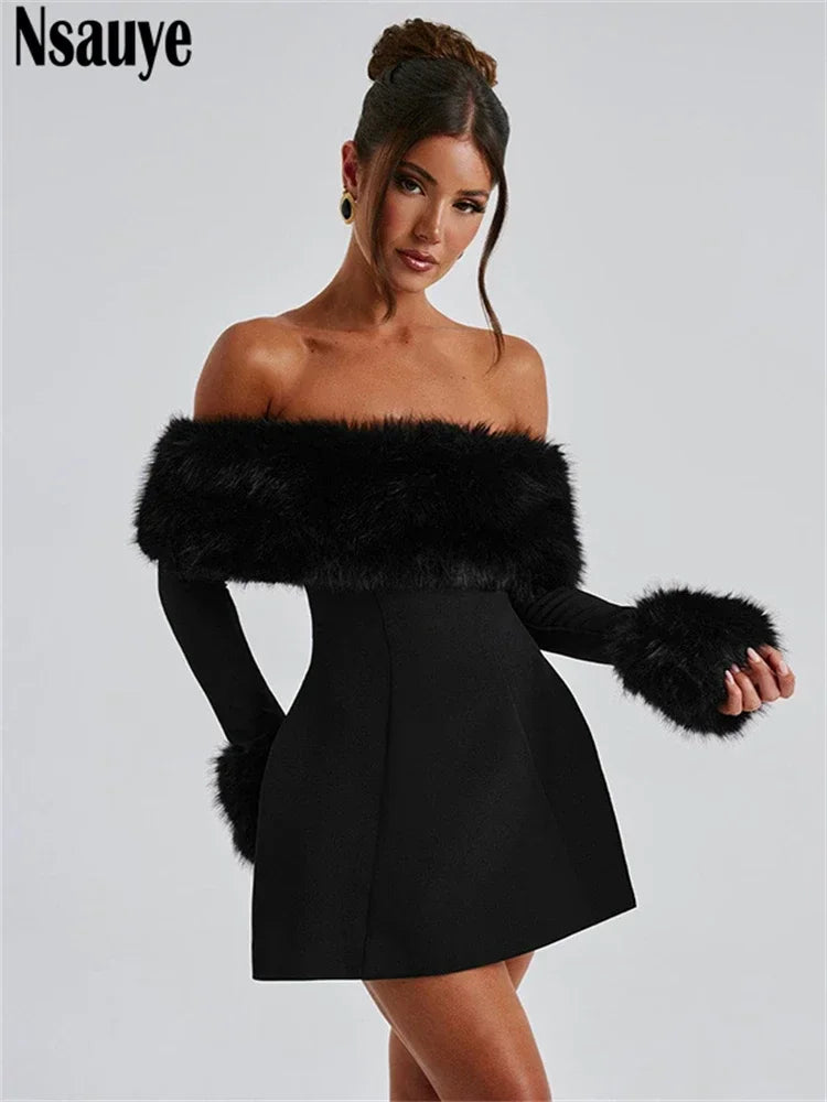 Nsauye Women Clothes Chic Fashion Sleeveless Faux Fur Sexy Black Club Evening Party Dress Long Sleeve Holiday Mini Elegant Dress